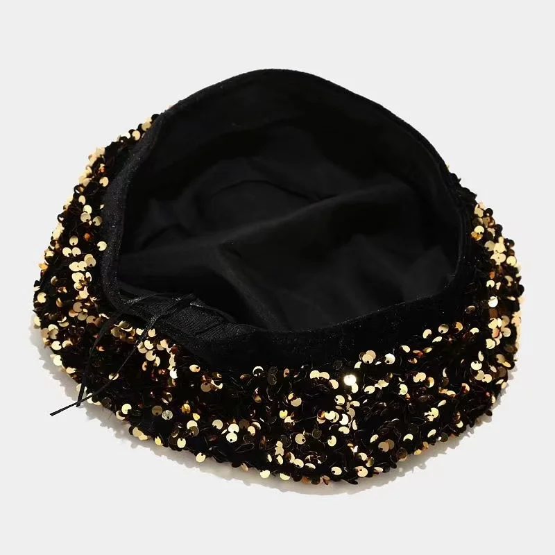 Women Beret Hat  Sequins French Style Beanie Cap Adjustable Fashion Shimmer Hat for Girls Ladies