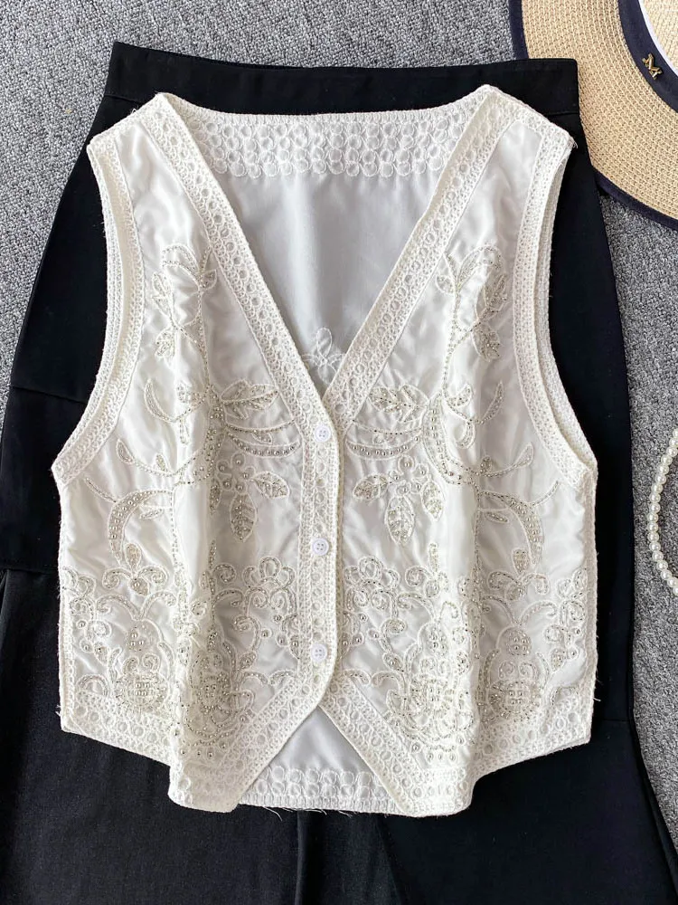 

Европейская кружевная майка с v-образным вырезом и тяжелой вышивкой, женская новинка 2025 года, утягивающая верхняя одежда irt с бусинами