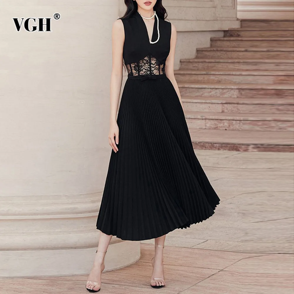 

VGH Solid Patchwork Lace Slimming Dress For Women V Neck Sleeveless High Waist Temperament Elegant Long Dresses Female Fashion