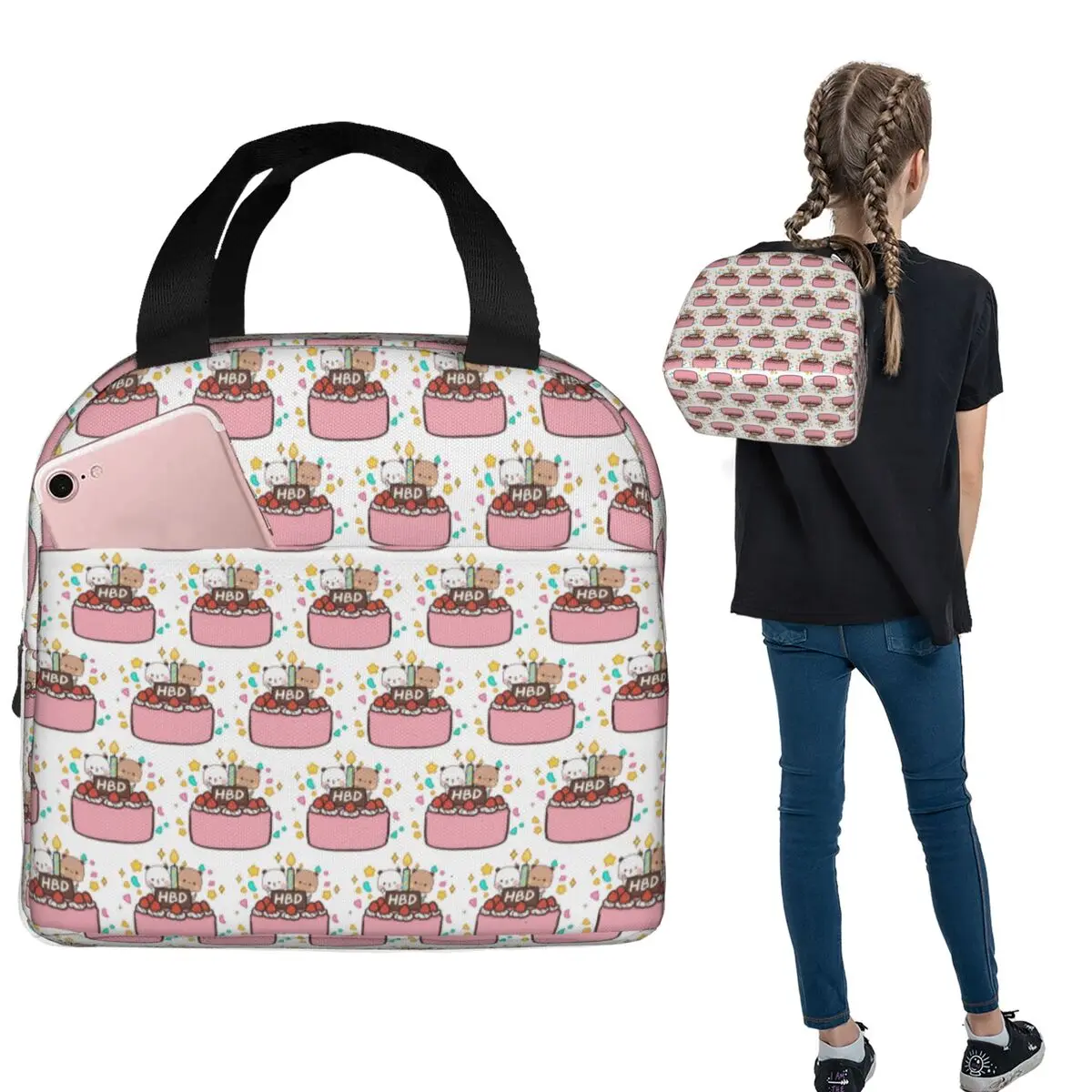 

BUBU DUDU Couple Goma Peach Sugar Valentine Xmas Insulated Lunch Bag for Women Kids Portable Food Boxes Thermal Lunch Box Tote