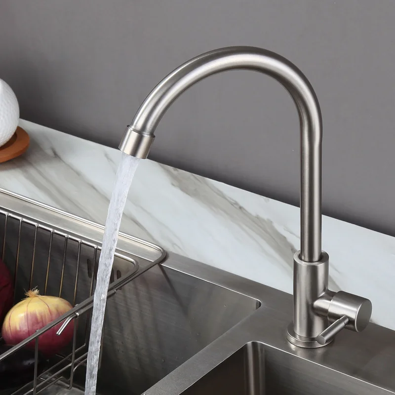 

304 Stainless Steel Cold Water Kitchen Sink Faucet Brushed Nickel Deck Mounted Stream Single Hole Rotatable Kitchen Tap