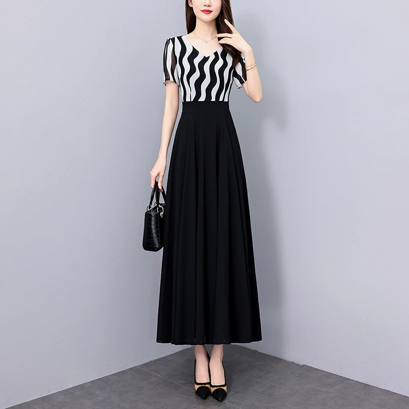 2025 Summer New Chiffon Casual Striped Dress Black Vintage Slim Fit Party Long Dress for Women Elegant Luxury Chic Prom Vestidos