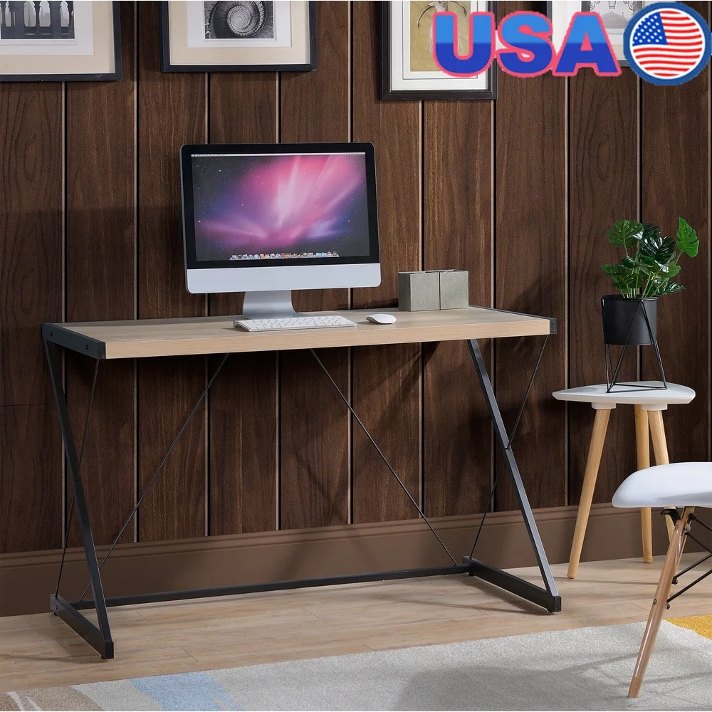 

Modern Z Design Writing Desk with Sturdy Metal Legs Space Saving Small Rooms Easy Assembly Oak Finish Perfect Dorms