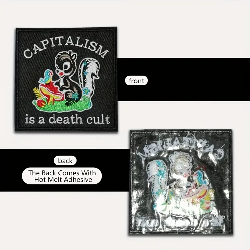 1PC Capitalism Is A Death Cult Embroidered Patch Iron/Sew On Patches For Clothing Cap Bag Jacket DIY Gift Funny Squirrel Badge