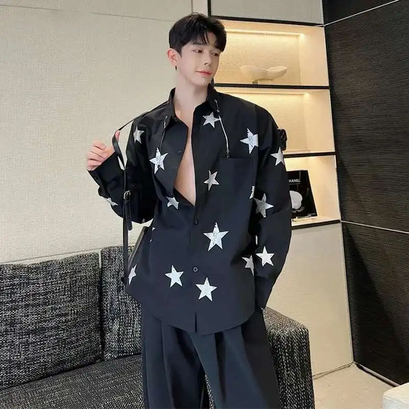 LUZHEN Casual Star Printed Long Sleeve Trendy Elegant Shirts Korean Luxury 2025 Metal Decorate Men's Stylish Blouses Tops LZ2641