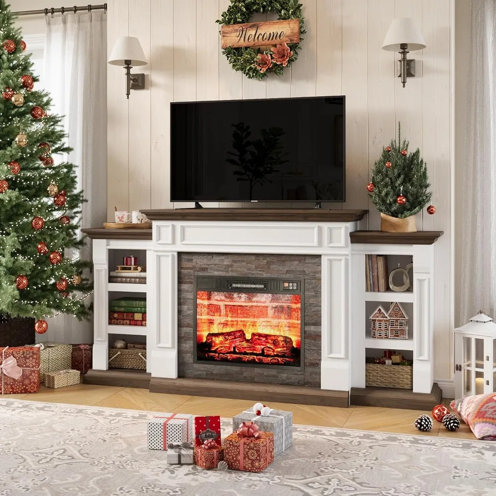 Fireplace TV Stand, Suitable for Below 80 Inches, Entertainment Center, with Storage Space, Realistic Stacked Stone Surround