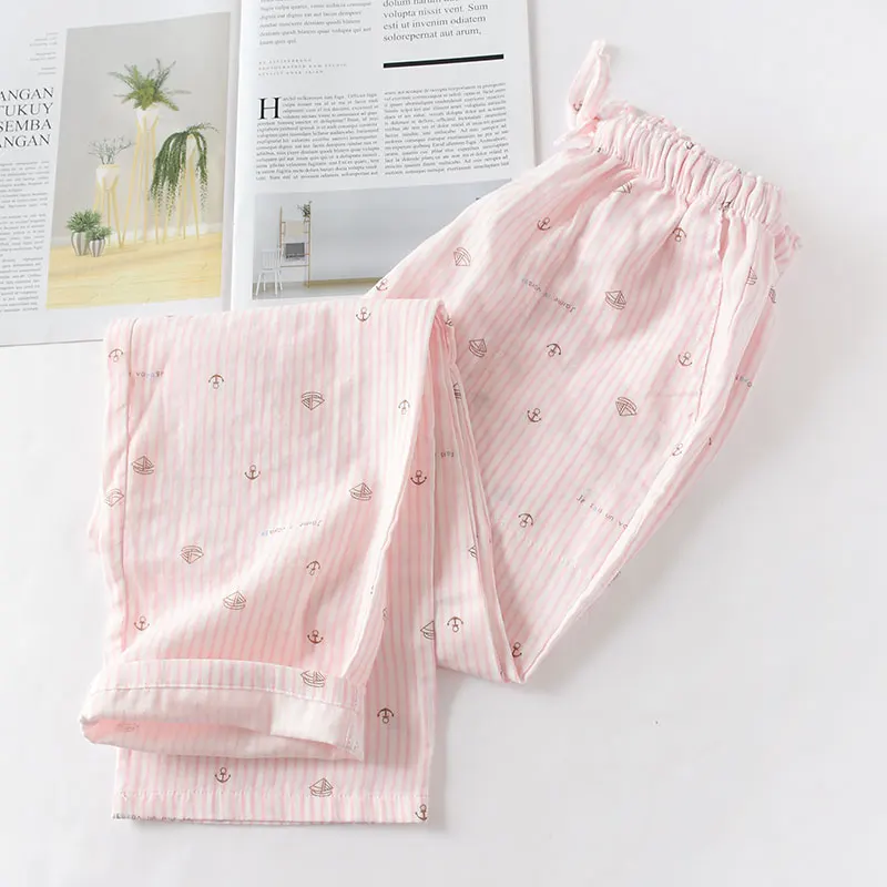 Spring and Summer Couples Home Pants Women Cotton Double Gauze Thin Sleep Pants Sleep Bottoms Casual Printing Pyjamas