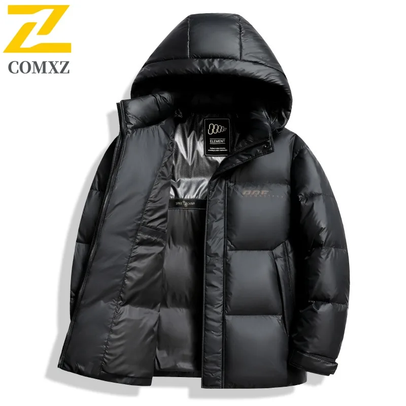 COMXZ Men Warm 90% white duck Down Jacket Winter Business Casual Removable Down Liner Hood Puffer Coat Outwear Solid Thick Parka