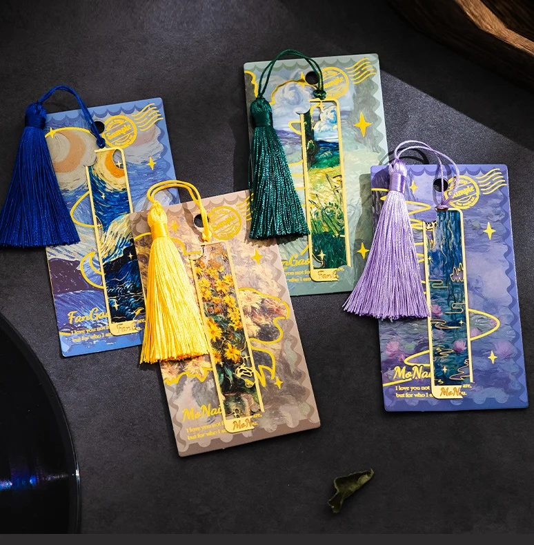 إشارة مرجعية معدنية للرسم الزيتي القديم - إشارة مرجعية طويلة بشرابة ذهبية مجوفة - هدية قرطاسية لمحبي الكتب والنوادي والكتاب