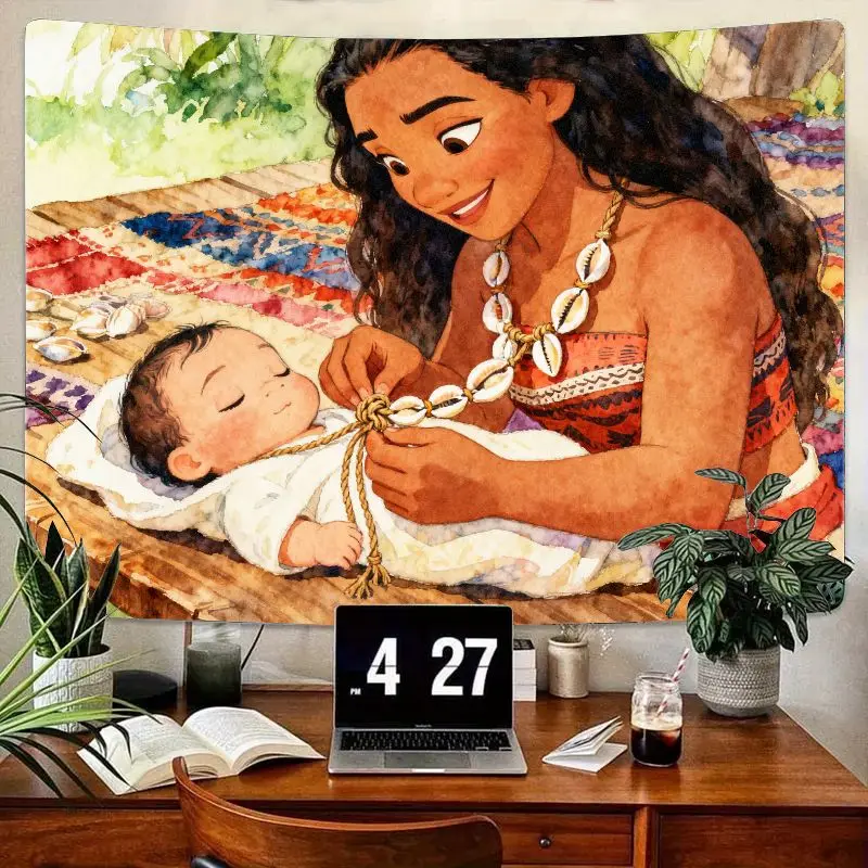 

1PC Moana & Baby Tapestry, Disney Tropical Watercolor Wall Art, Polyester Nursery Bedroom Decor, Cute Mother-Child Gift for Fans