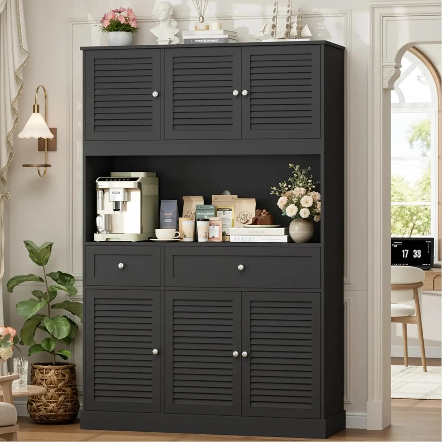 Tall Coffee Bar & Hutch Cabinet with Storage, Farmhouse Pantry with Countertop & Louvered Doors for Dining Room, Customized