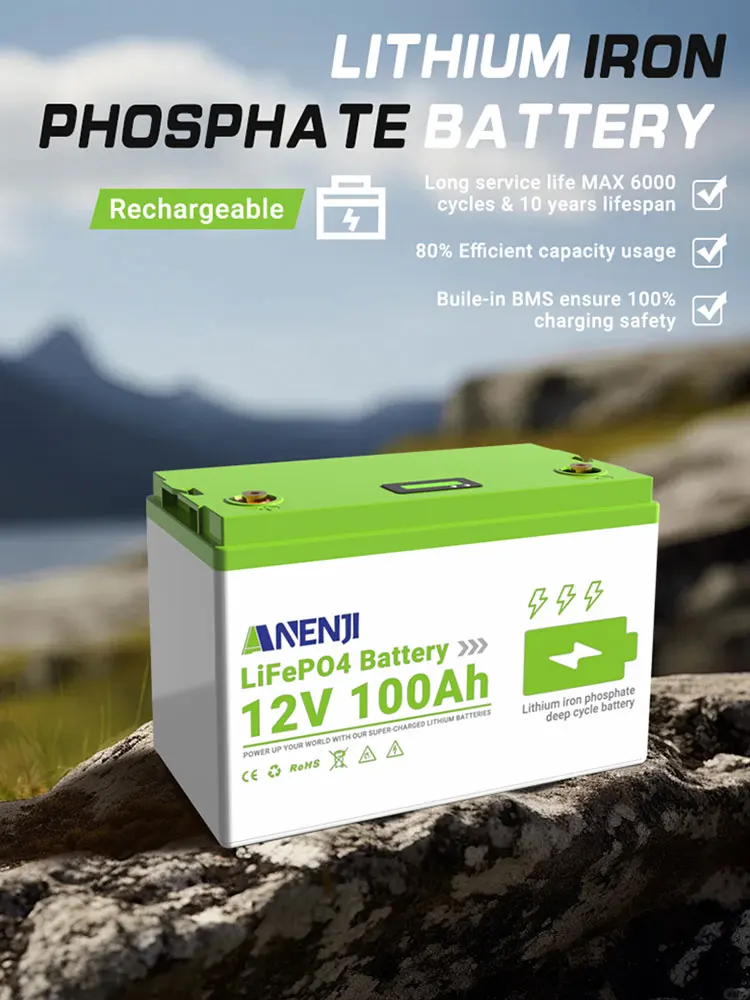 12V 100Ah Li-Akku-Pack LiFePO4 mit integriertem BMS, 6000 Zyklen, für Solarwechselrichter, Outdoor, Wohnmobil, Camping, Powerstation