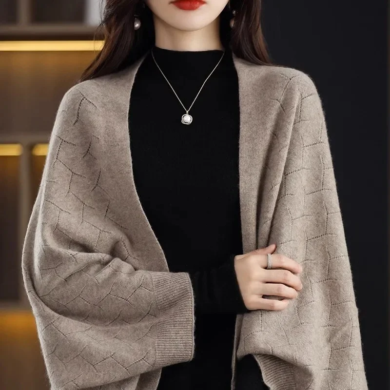 High Luxury Boutique Wool Knitted Shawl Scarf Dual-use Sutumn Snd Winter New Item Solid Color Loose and Outer Cloak Cardigan