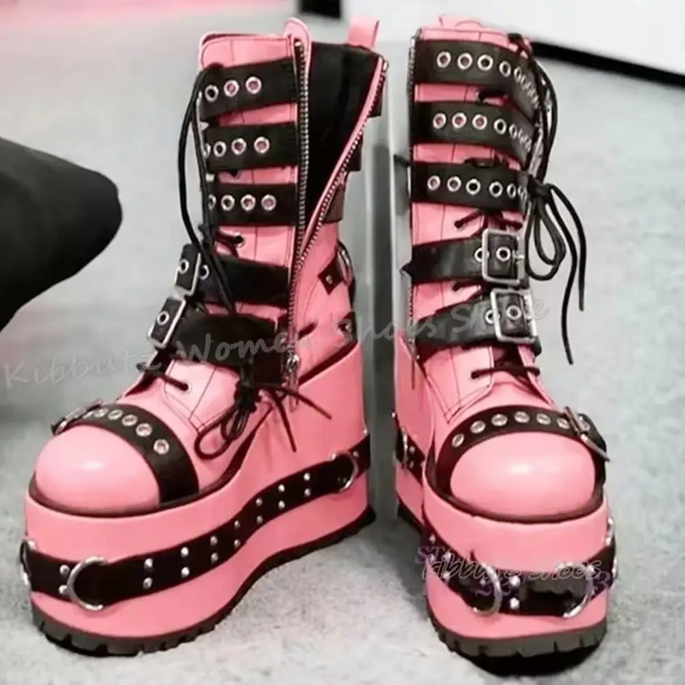 

Ботильоны с пряжкой на ремне и заклепками, на платформе, на толстой подошве, на шнуровке, из натуральной кожи, однотонная модная элегантная пикантная новинка, новинка