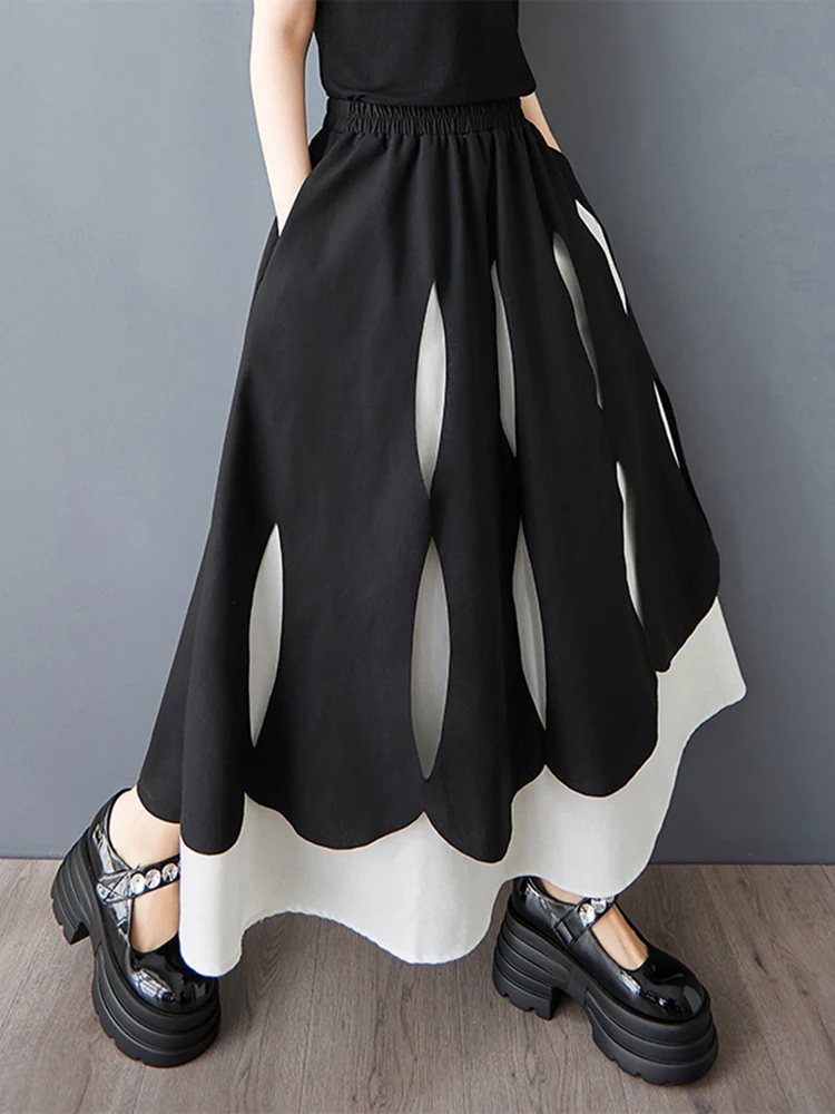 EAM Black Color-block Irregular Spliced High Elastic Waist Ankle Length Skirt Women Fashion New Spring Autumn 2025 30A3206