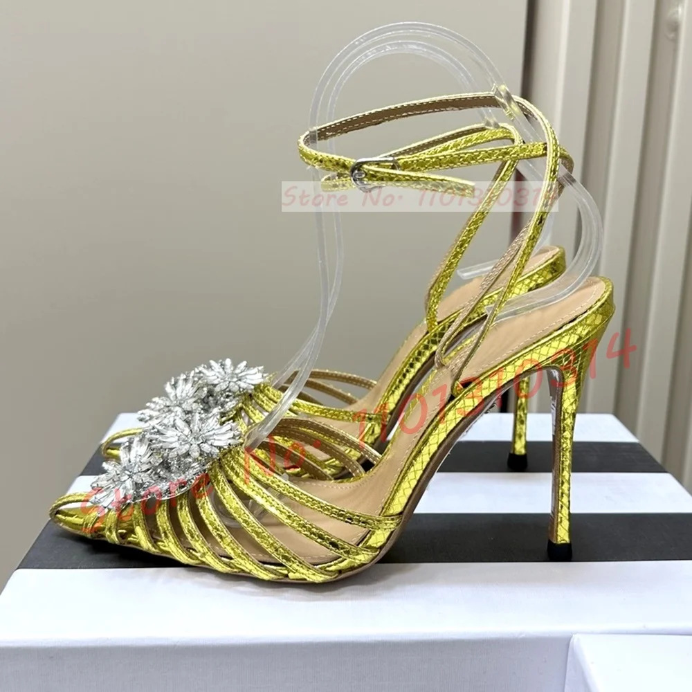 Crystal Flower Satin Caged Sandals Women Luxury Hollow Pointy Toe Stiletto High Heels Female Elegant Ankle Strap Sparkly Shoes