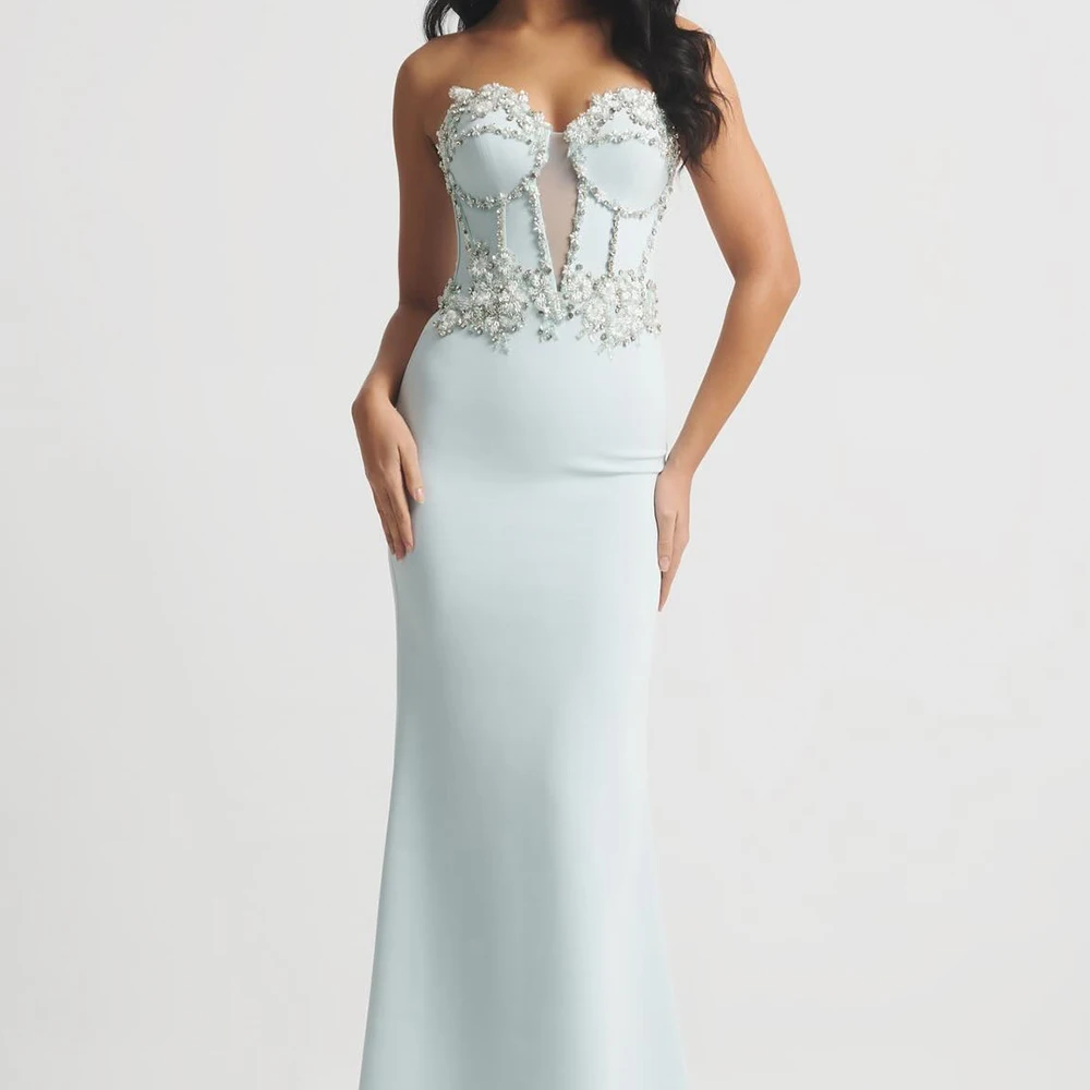 

Customized Mermaid Evening Dresses Floor-length Strapless Sleeveless Prom Gown Fashion Beading Crystal Simple Draped Party Gown