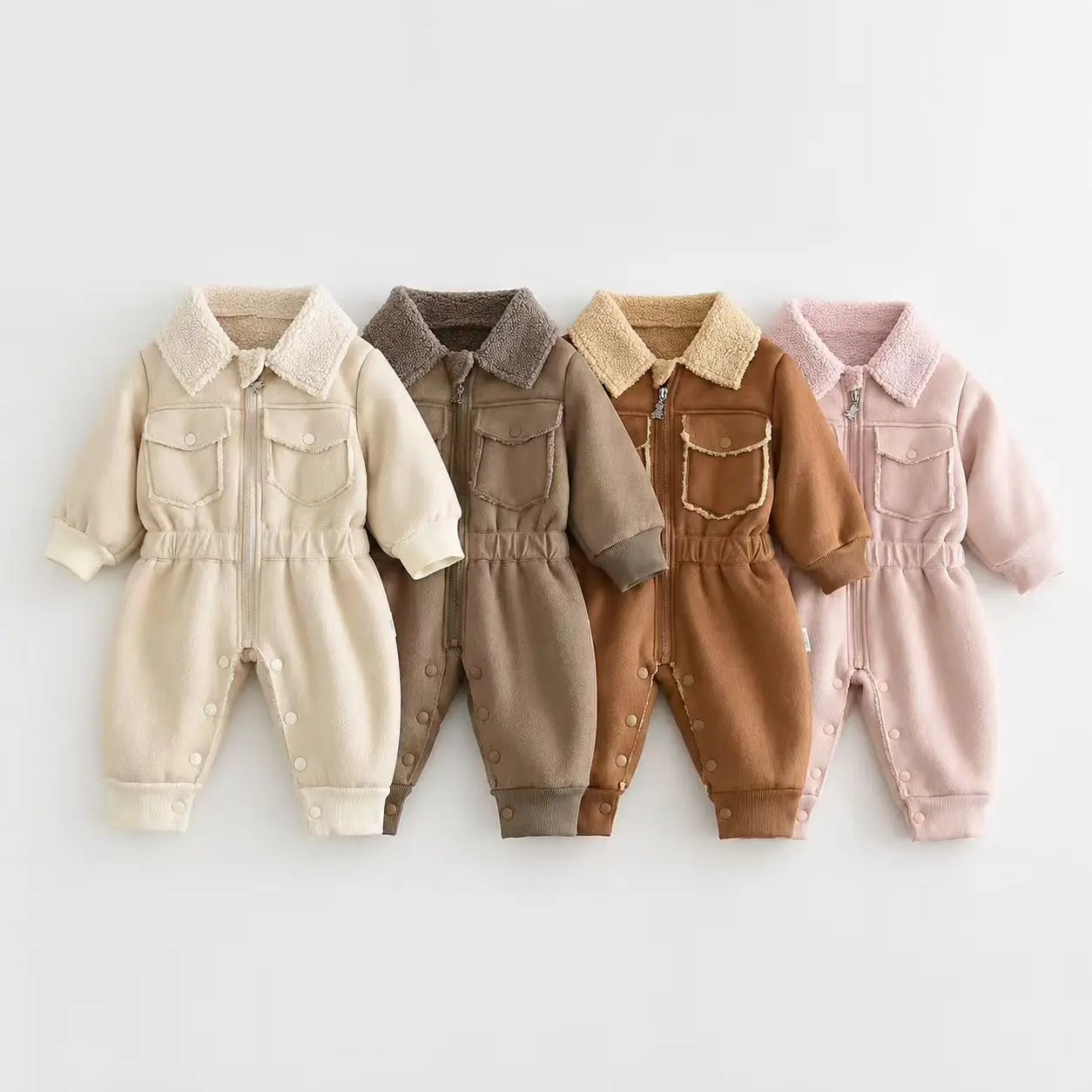 2026 Winter New Baby Long Sleeve Fleece Romper Infant Boy Girl Solid Lapel Jumpsuit Plus Velvet Thick Toddler Warm Clothes