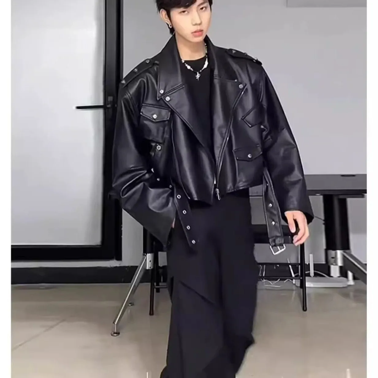 2026 new Spring Autumn Trendy Handsome High-End Feel Motorcycle PU Leather Jacket Top American Retro Short Leather Jacket Men's