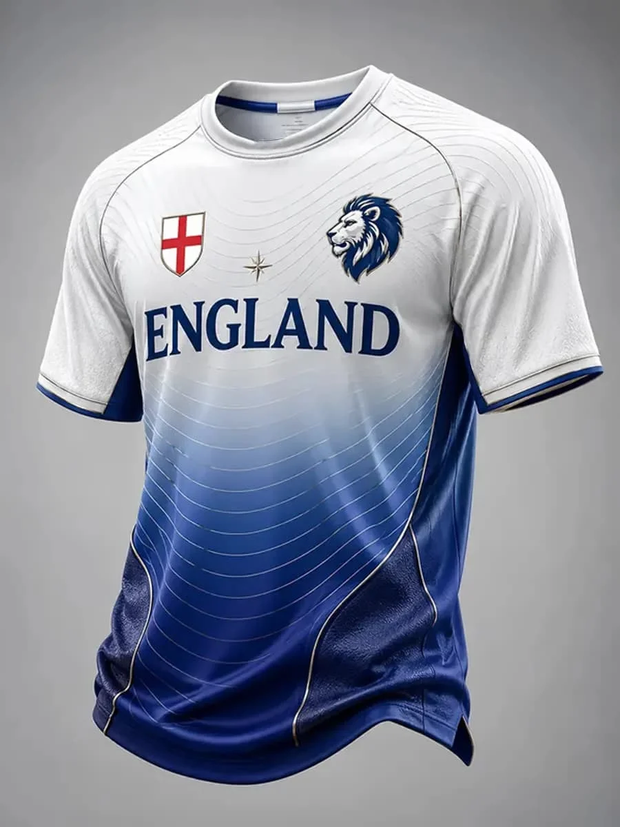 Nouveau Maillot de Foot Homme Angleterre 2026 Col Rond Manches Courtes Rayures Bleu Marine Col et Poignets Rayés T-shirt Sportif pour Fans Nationaux