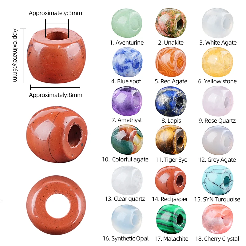 1pc Natrual Stone Beads 3mm Big Hole Crafts 8x6mm Drum Shape Beads Red Jasper Lapis Lazuli Amethyst Gems Bead For Jewelry Making