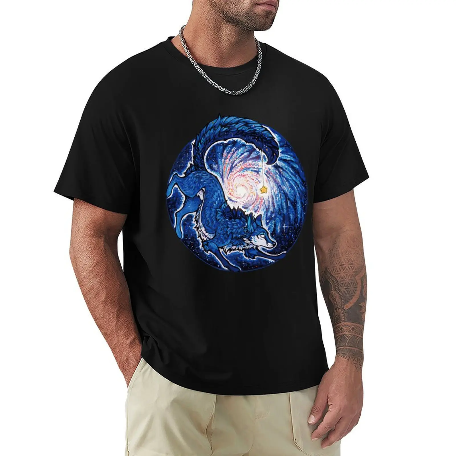 

Street Art T-shirt Men Night Black T Shirt Star Wolf Printing Mens Clothes 100% Cotton Neck TopsTees Design Tshirt