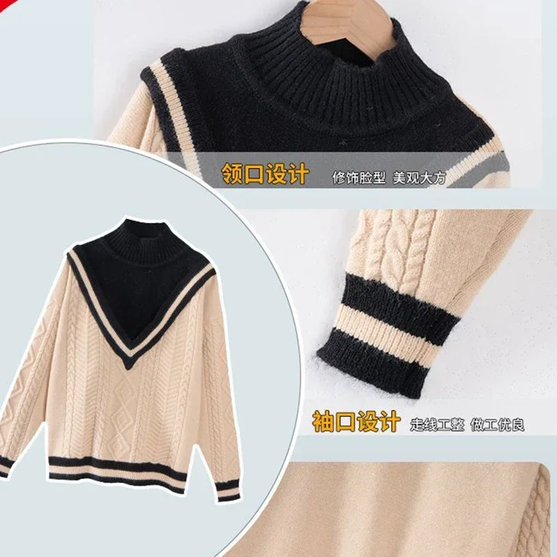 Autumn Winter High Neck Girls' Pullover Long Sleeve Fashion Versatile Korean Kids Sweaters Patchwork Children's Clothing Tops image 3