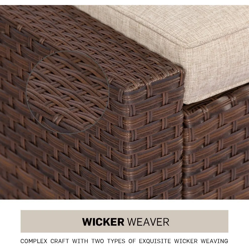 Wicker Conversação Lounge Cadeiras com Otomano e Loveseat, Almofada De Mesa De Café De Vidro, Conjunto De Móveis De Pátio Ao Ar Livre, 7 Pcs