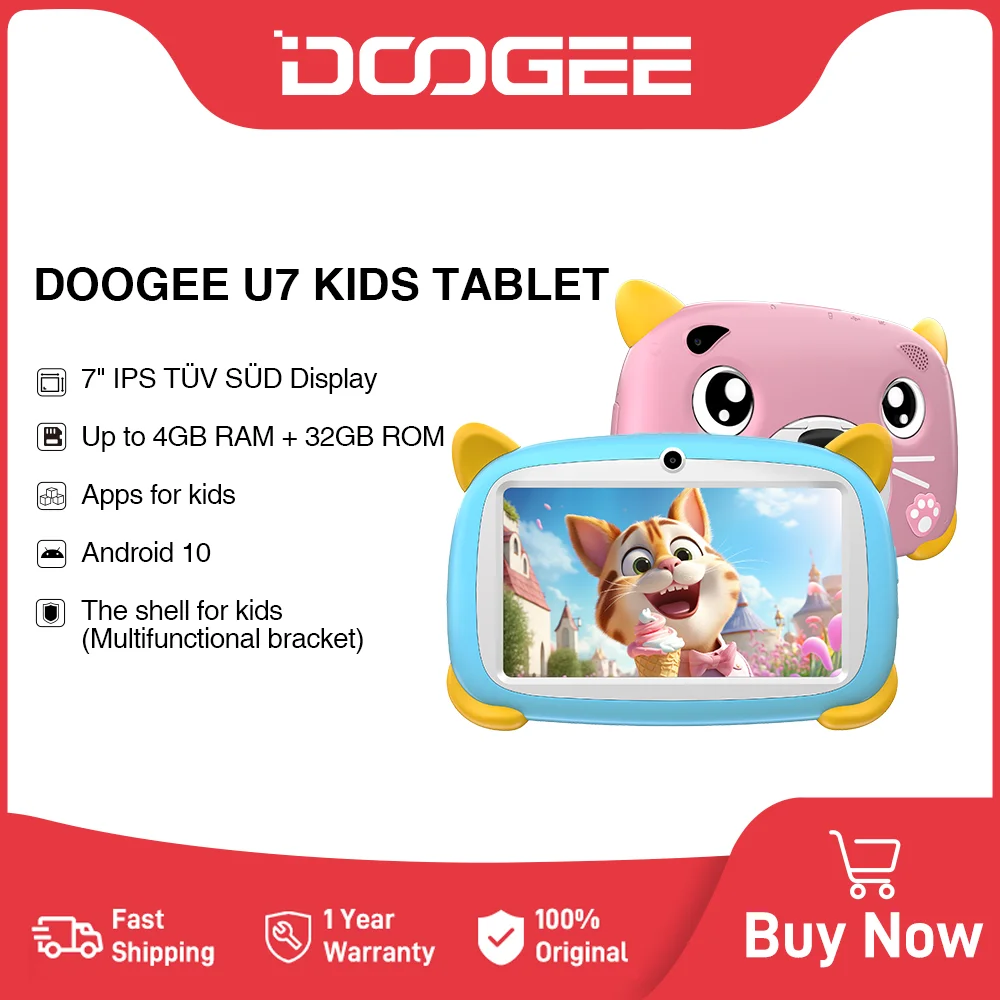 DOOGEE U7 Kids Tablet 7 Inch IPS TÜV Certified Display 4GB(2+2) 32GB Ouad Core 1.3GHz 3400mAh Children Tablet PC for Kids