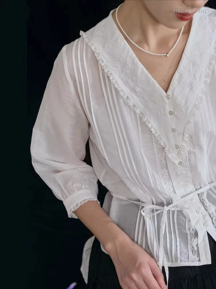 

100-104cm Bust Summer White Shirts Blouses Women Vintage Elegant Loose Embroidery Mulberry Silk Cotton Sailor Collar Thin Shirt