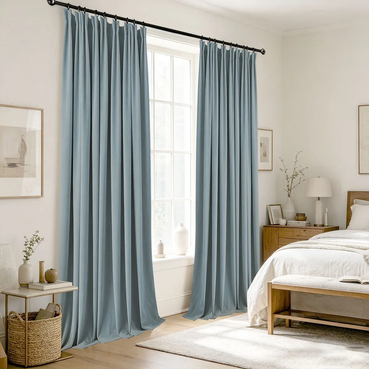 Dusty Blue Velvet Blackout Curtains 2‑Pack, Pinch Pleat Hook Top Drapes, Modern Solid Curtain for Bedroom Living Room Home Decor