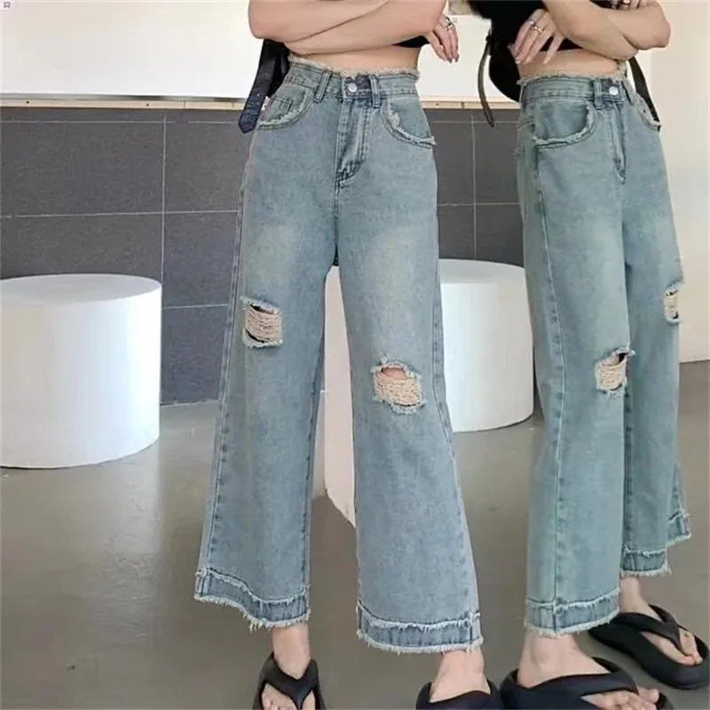 

American Ladies High Waist Cowboy Trousers 2025 Female Hole Wide Leg Denim Pants Autumn Women Ripped Washed Straight-leg Jeans