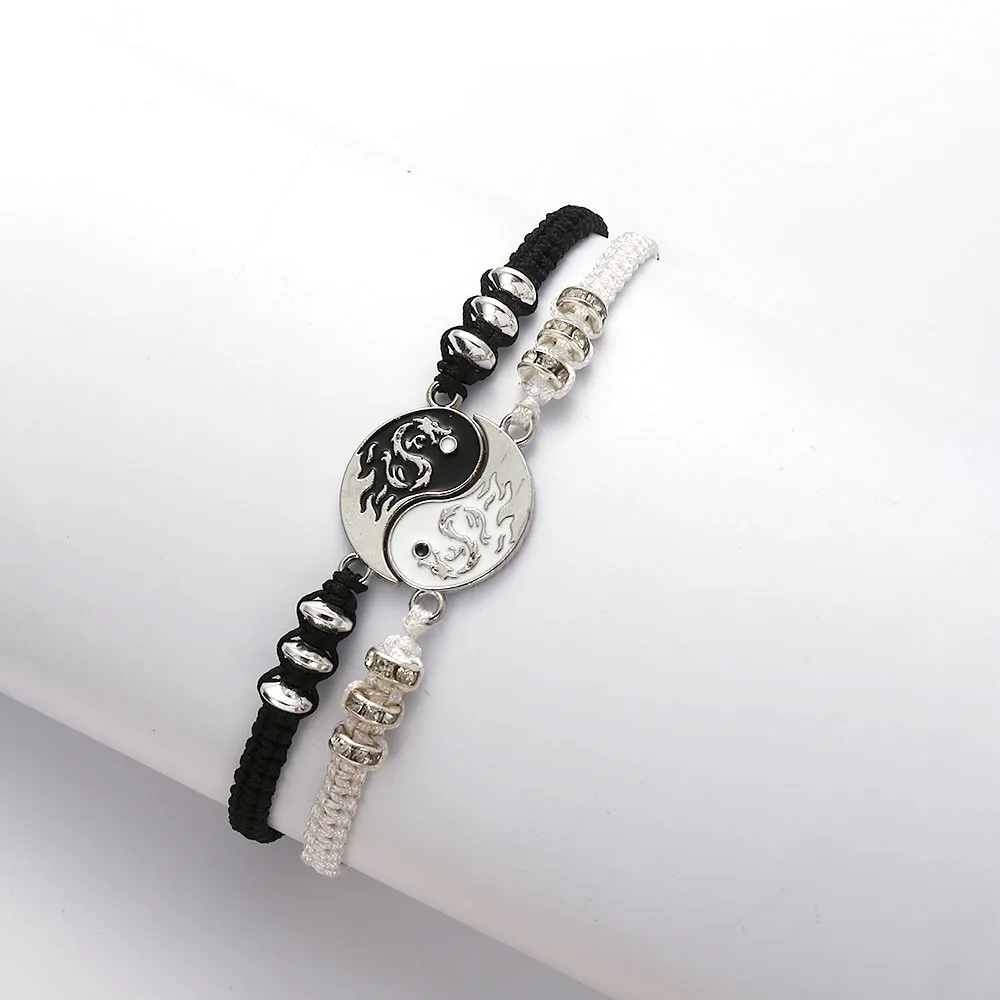 Retro Yin Yang Tai Chi Pendant Bracelets for Women Men Black White Braided Dragon Couple Bangles Fashion Friendship Jewelry Gift