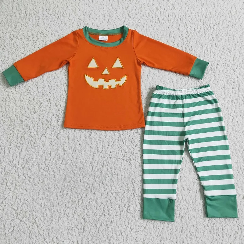 Fall Wholesale Halloween Kids Pajamas Girls Pumpkin Grimace Orange Top T-shirt Green Striped Ruffle Pants Outfits Boutique