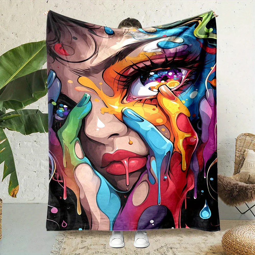 Artistic Women's Face Print Multi-Color Hand-Dyed Polyester Fleece Throw Blanket, Contemporary Style, Reversible, All-Season