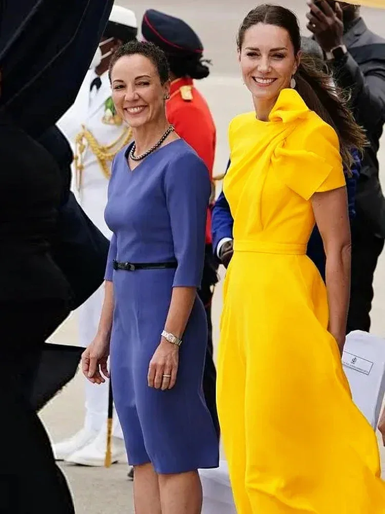 Kate Middleton Princess Designer Fashion High Quality Spring Summer New Women Yellow Elegant Slim Unique Party Casual Midi Dress