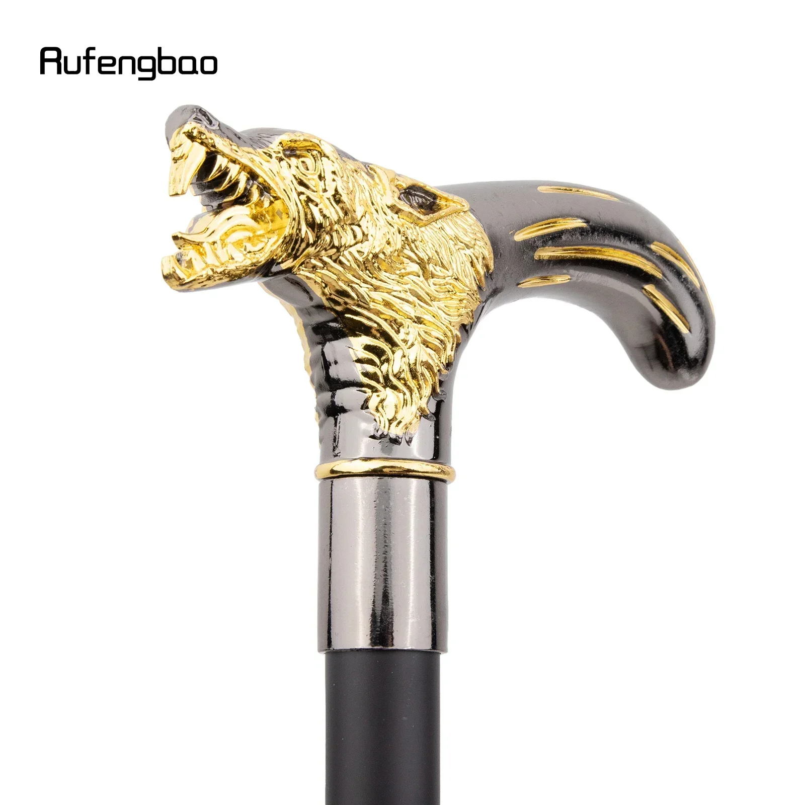 Cabeça de lobo preto dourado mordendo bengala moda decorativa vara cavalheiro desempenho cana 92cm desempenho palco cana