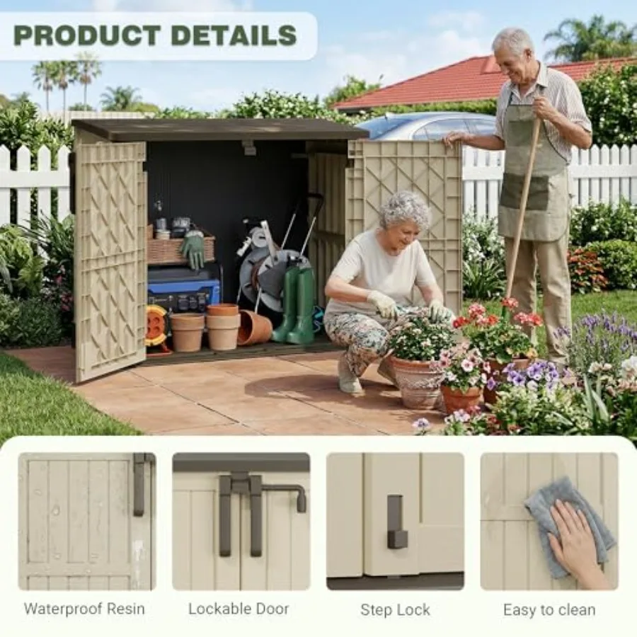 Waterproof outdoor storage box for backyards, polyethylene, brown-beige, 36 cu ft capacity with lockable doors and portable hor