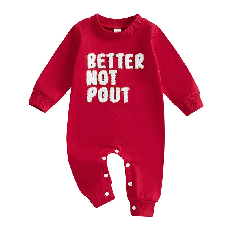 Baby Snap-up Christmas Jumpsuit Letter Embroidered Round Neck Long Sleeve Romper for Boy Girl