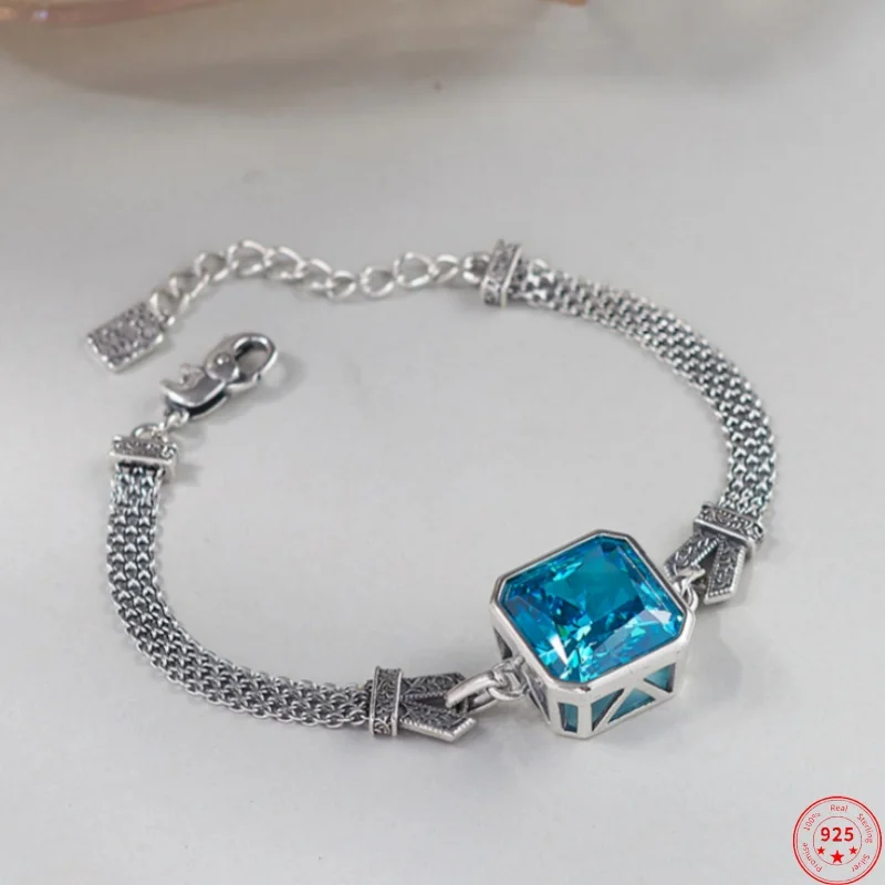 S925 Sterling Silver Bracelets for Women New Fashion Tangent Plane Square Sea-blue Zircon Weaven-chain Jewelry Free Shipping