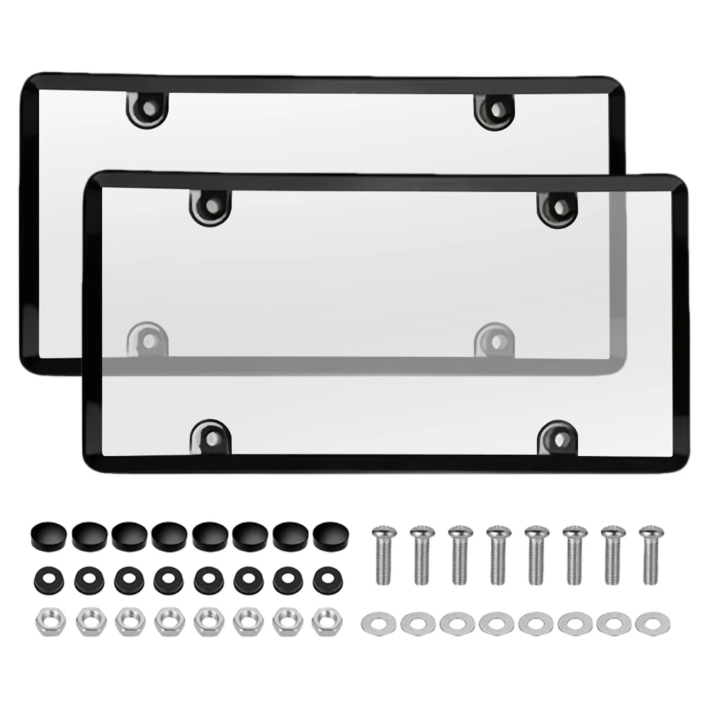 2Pcs Clear Flat License Plate Cover with Screws Black Caps Transparent License Plate Protector Clear License Plate Frame Shield