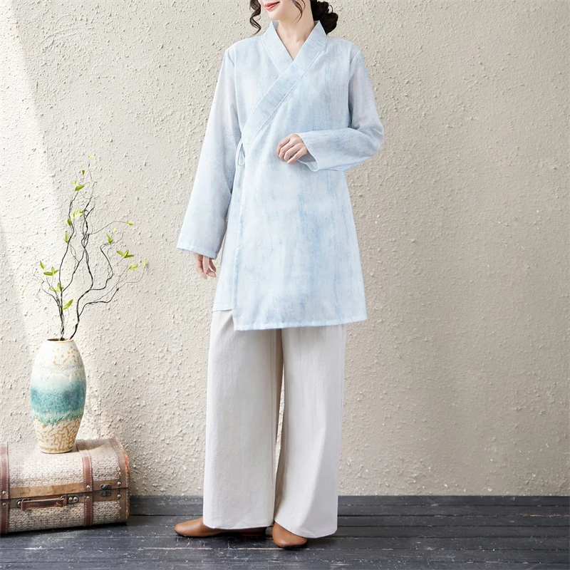 Retro Style Long Sleeve Middle Robe Tai Chi Practice Clothes Loose Fit Elegant Slant Lapel Spring New Design Women's Shirt