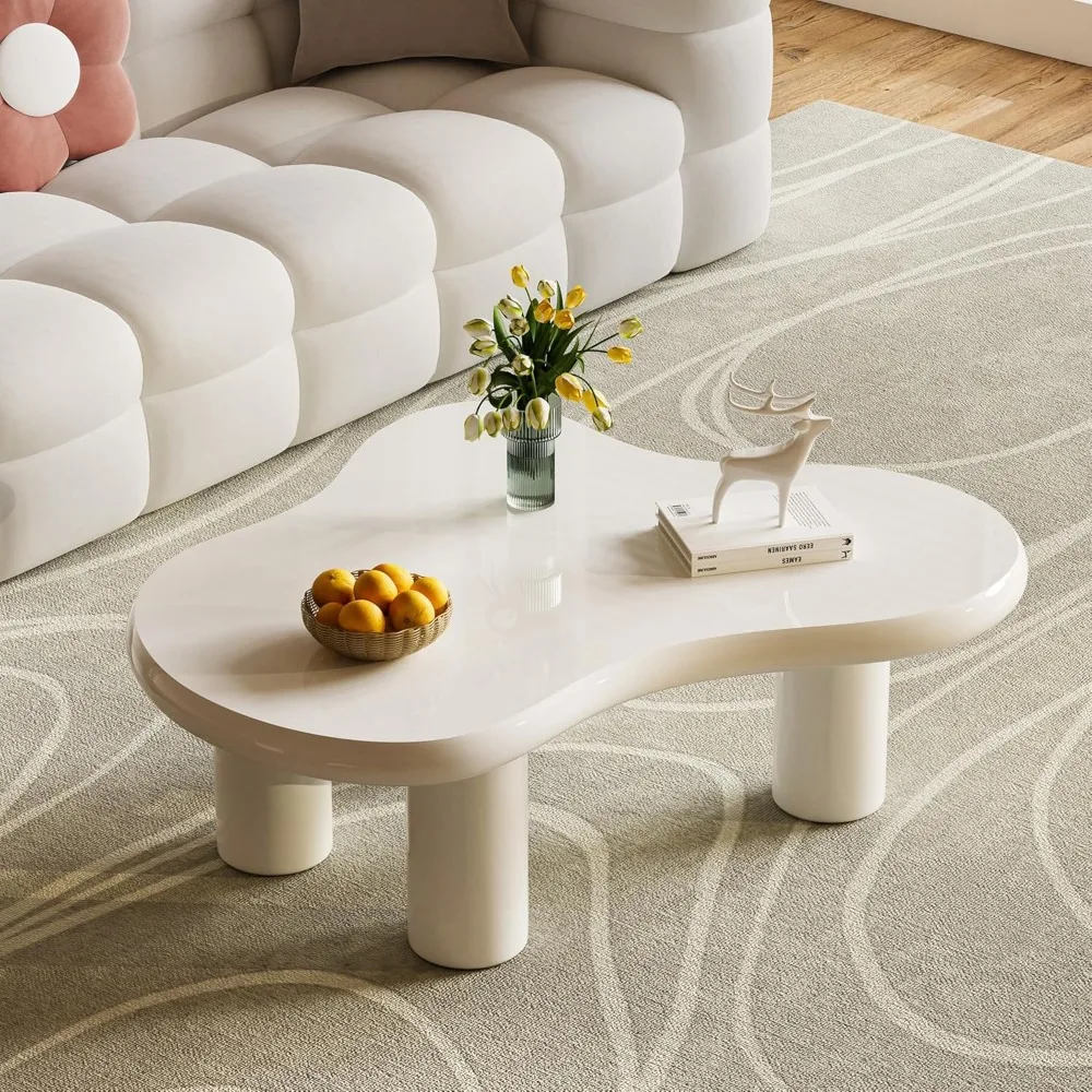 Modern Cloud Coffee Table for Living Room Cream White 45.6" Irregular Indoor Coffee Tea Table Cute Cartoon Cocktail Center Table