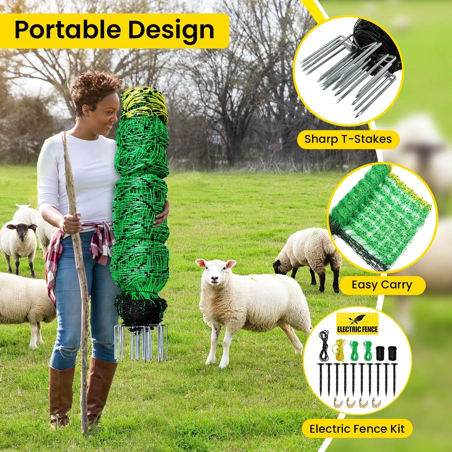 Electric Fence Netting, 49.6" H x 164'L Anti-Predator Poultry Fence Kit with Posts for Livestock