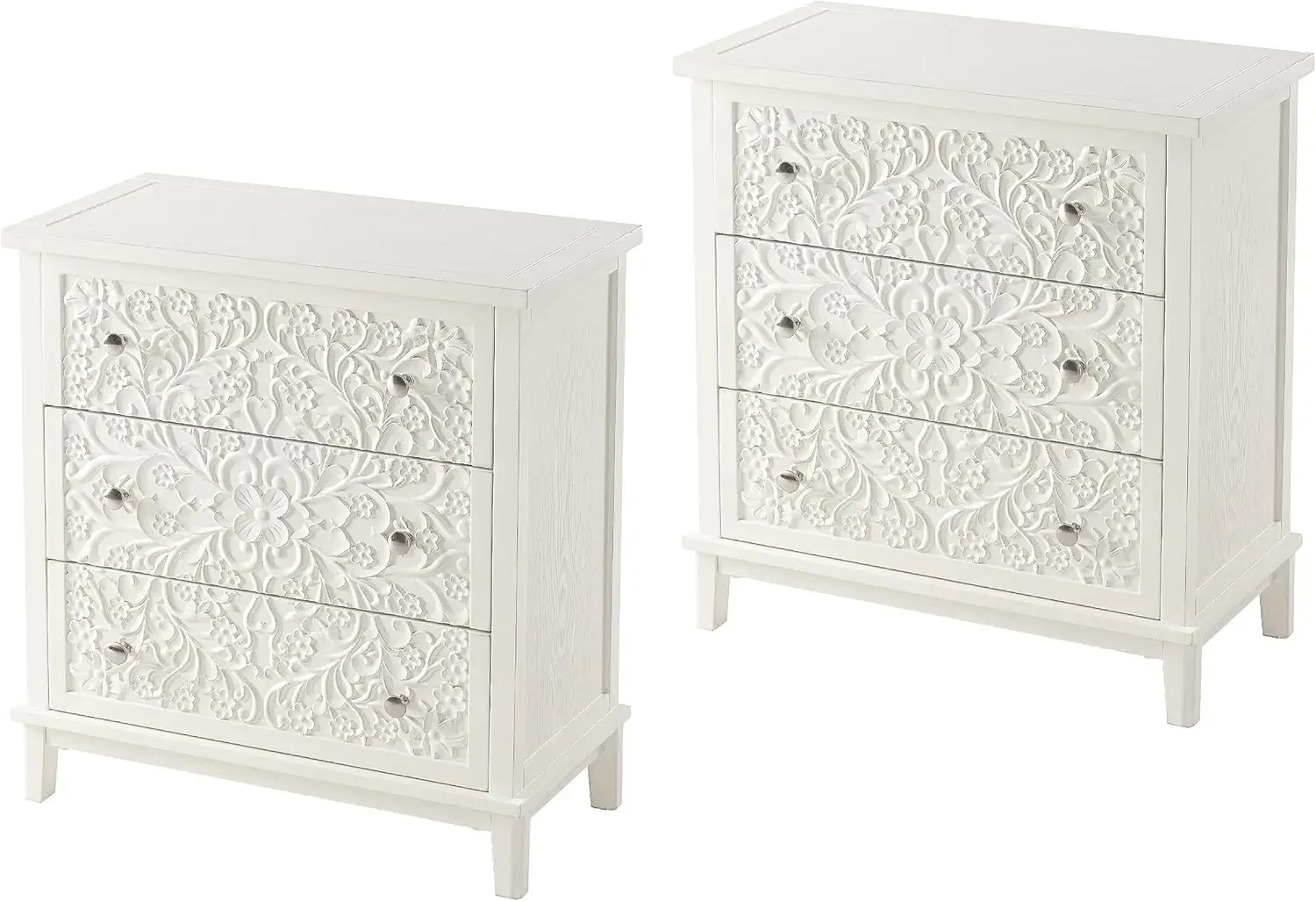 3-Drawer Fully-Assembled Flower Motif Dresser, Set of 2 Nightstand for French Country, Farmhouse