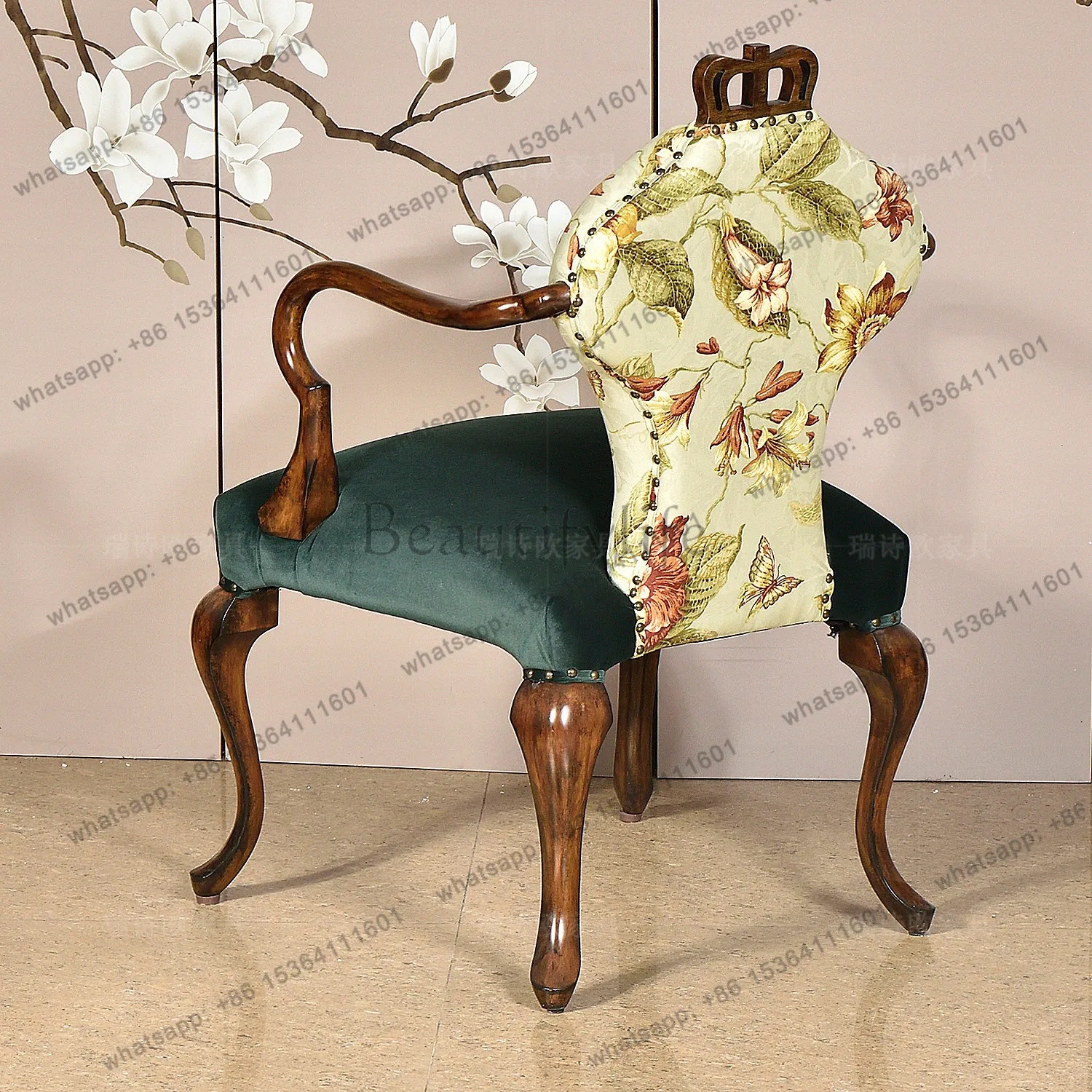 LD American rural solid wood sofa chair embroidered flower and bird pattern fabric soft bag leisure chair