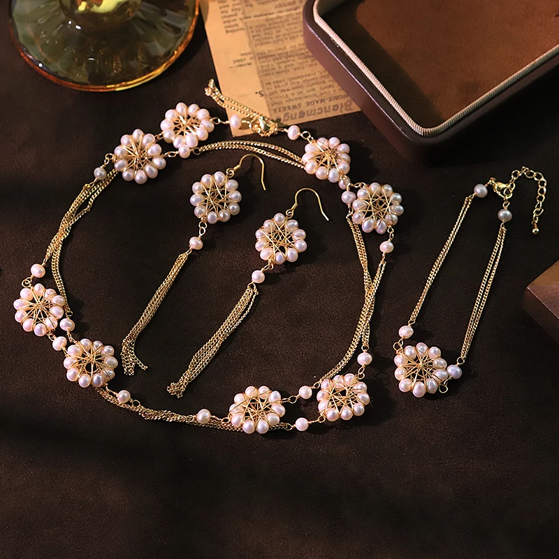 

Natural Pearl Flower Chain Sterling Silver Earrings Necklace Bracelet Luxurious Design Women's Jewelry Set Accessories GS0207