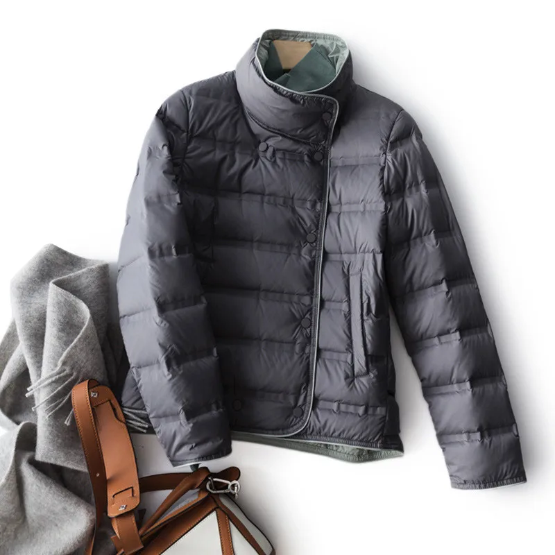 

Ladies Single-Breasted Short Warm Outwears Autumn Winter Women Light Thin Down Coat Stand Collar White Duck Down Jacket Parkas
