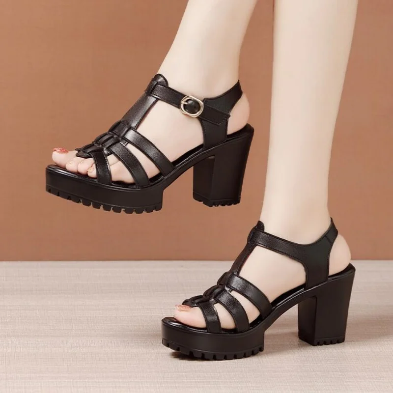 

8cm Small Size 32-43 Genuine Leather Platform Shoes Summer Women's Block High Heels r Sandals Office