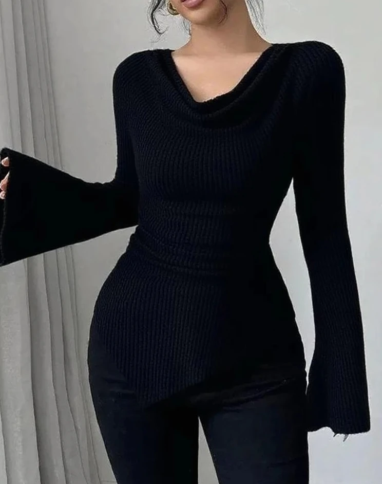 เสื้อเบสิกผู้หญิง แขนยาว ทรงเข้ารูป ไหล่เฉียง ผ้าถัก สำหรับฤดูใบไม้ร่วงและฤดูหนาว ปี 2025 สไตล์ลำลอง ขายดี